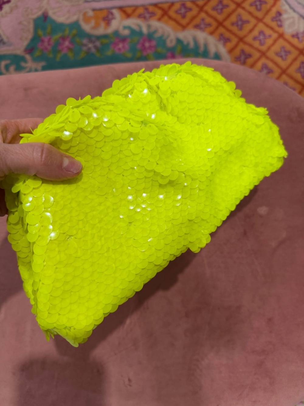 Anthropologie Neon Lime Sequin Clutch with Chain